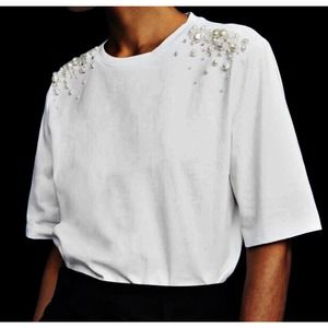 MAJE Tracy Pearl Crystal Embellished NEW Tee Shirt Top in blanc Size 4 $165